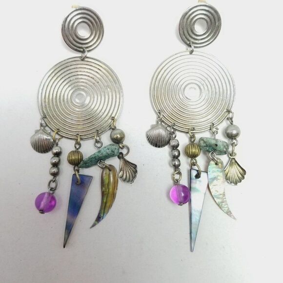 Vintage Funky Disc Shape Dangle Earrings with Beaded Charms, Silver Tone, 80s - Picture 6 of 6